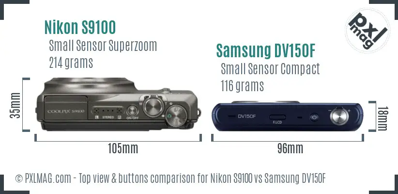 Nikon S9100 vs Samsung DV150F top view buttons comparison Nikon S9100 vs Samsung DV150F top view buttons comparison