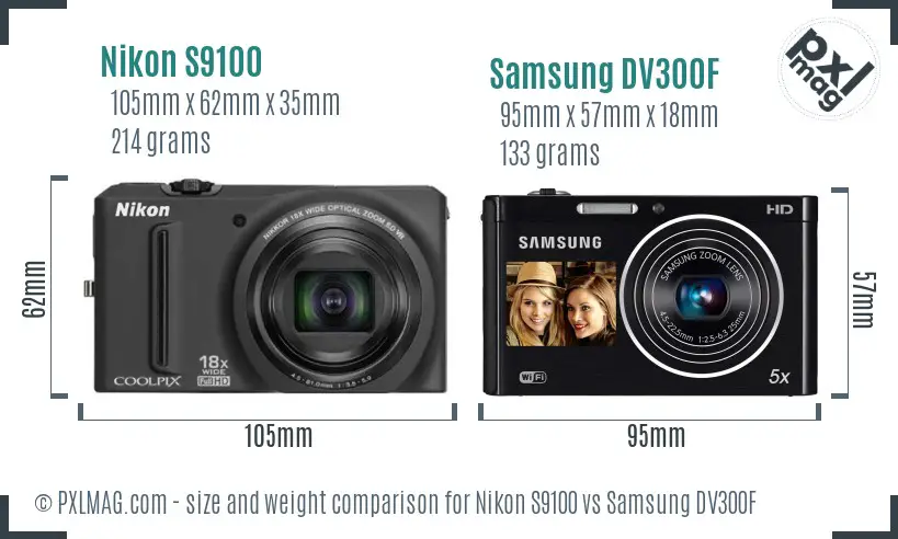 Nikon S9100 vs Samsung DV300F size comparison