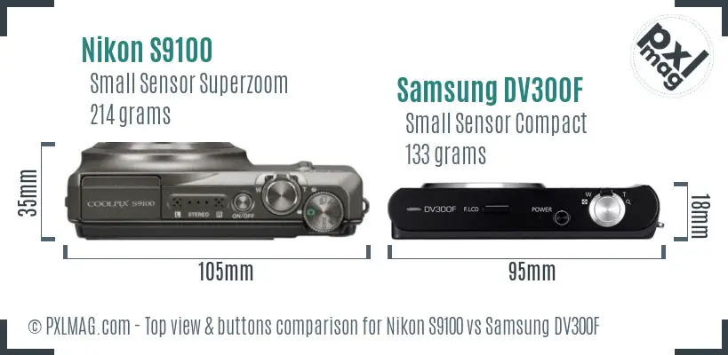 Nikon S9100 vs Samsung DV300F top view buttons comparison