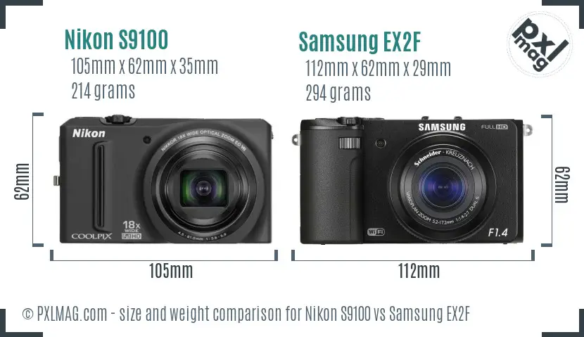 Nikon S9100 vs Samsung EX2F size comparison