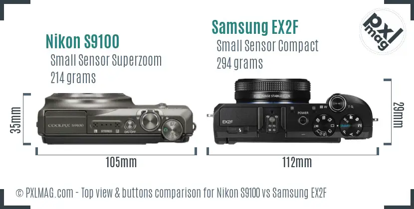 Nikon S9100 vs Samsung EX2F top view buttons comparison