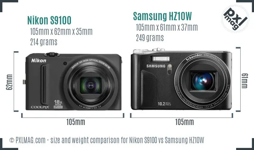Nikon S9100 vs Samsung HZ10W size comparison