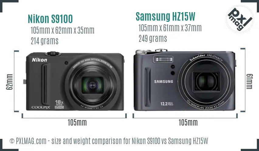 Nikon S9100 vs Samsung HZ15W size comparison