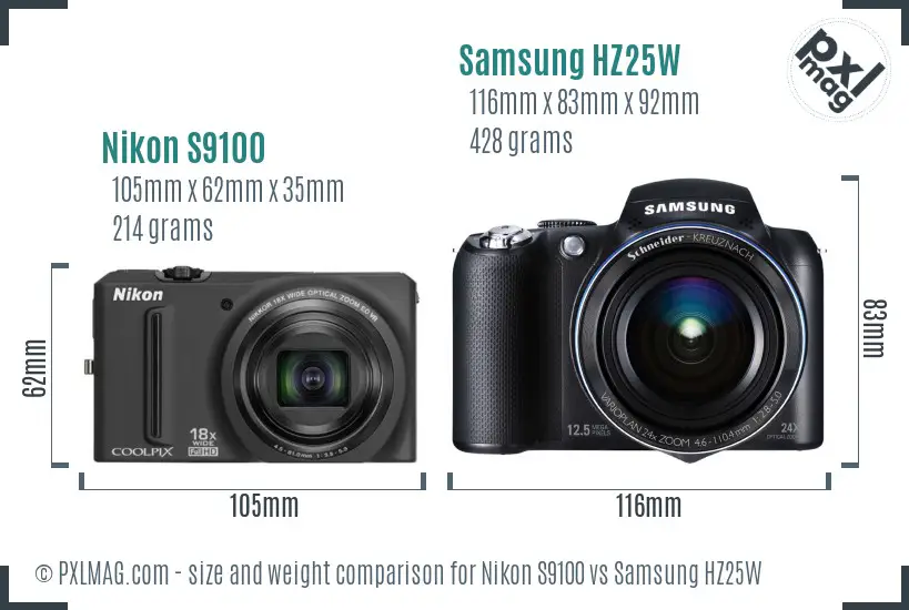 Nikon S9100 vs Samsung HZ25W size comparison