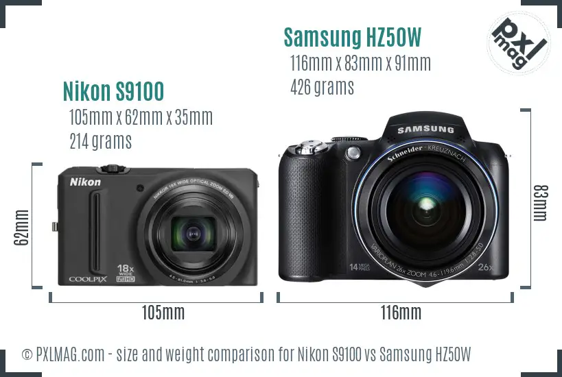 Nikon S9100 vs Samsung HZ50W size comparison