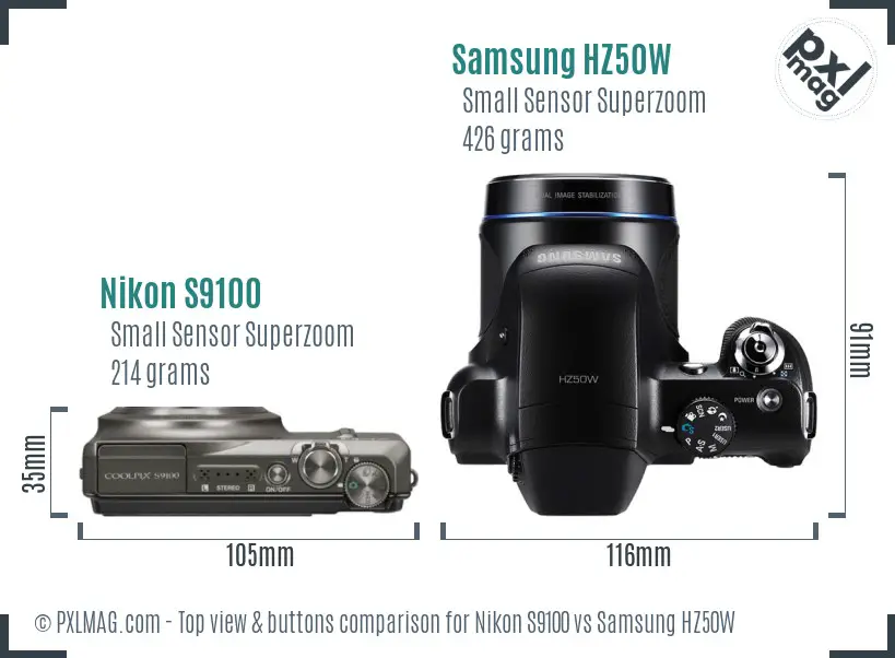 Nikon S9100 vs Samsung HZ50W top view buttons comparison