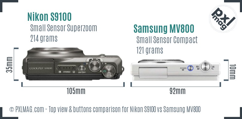 Nikon S9100 vs Samsung MV800 top view buttons comparison