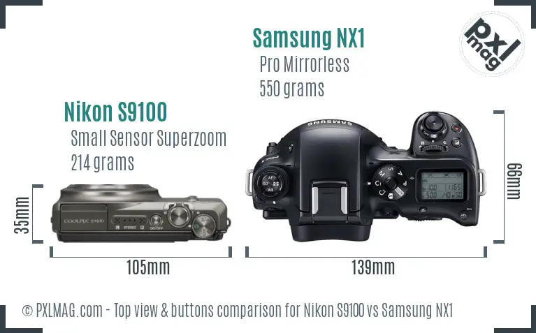 Nikon S9100 vs Samsung NX1 top view buttons comparison