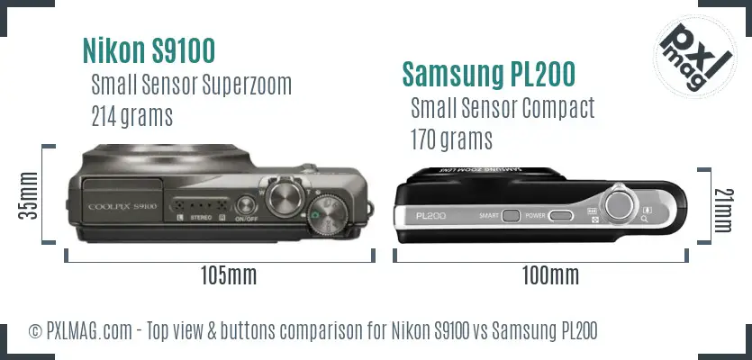 Nikon S9100 vs Samsung PL200 top view buttons comparison