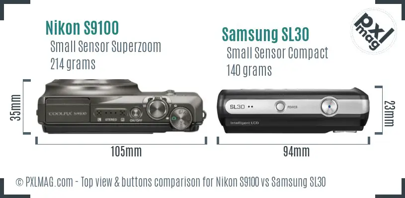 Nikon S9100 vs Samsung SL30 top view buttons comparison