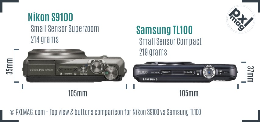 Nikon S9100 vs Samsung TL100 top view buttons comparison