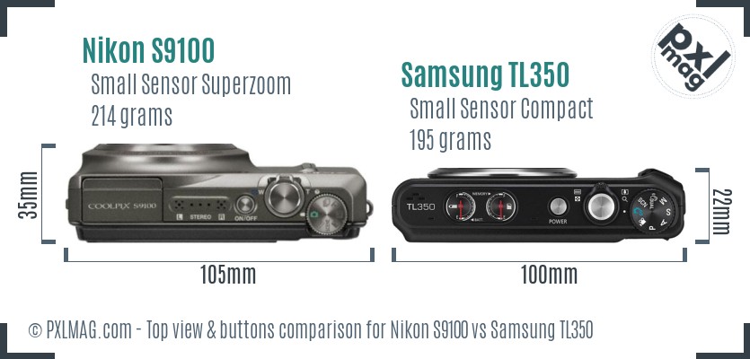 Nikon S9100 vs Samsung TL350 top view buttons comparison