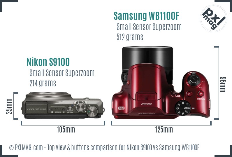 Nikon S9100 vs Samsung WB1100F top view buttons comparison