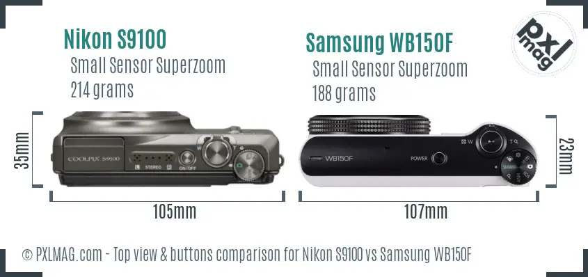 Nikon S9100 vs Samsung WB150F top view buttons comparison Nikon S9100 vs Samsung WB150F top view buttons comparison