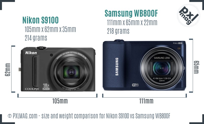 Nikon S9100 vs Samsung WB800F size comparison