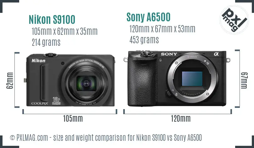Nikon S9100 vs Sony A6500 size comparison