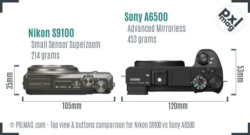 Nikon S9100 vs Sony A6500 top view buttons comparison