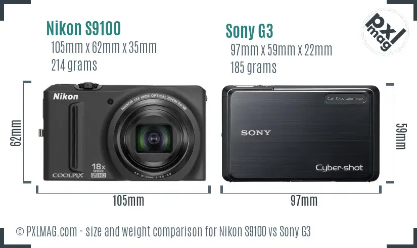 Nikon S9100 vs Sony G3 size comparison