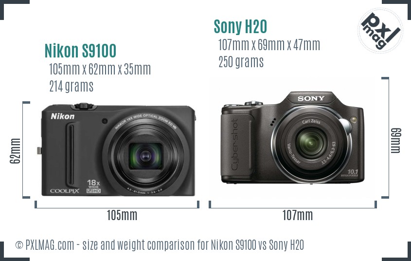 Nikon S9100 vs Sony H20 size comparison