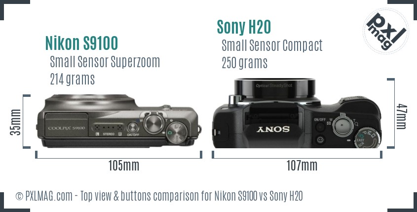 Nikon S9100 vs Sony H20 top view buttons comparison