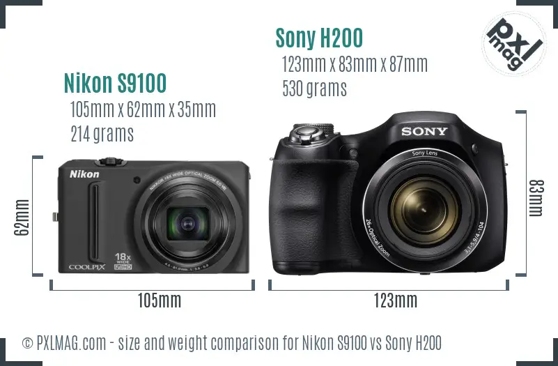 Nikon S9100 vs Sony H200 size comparison