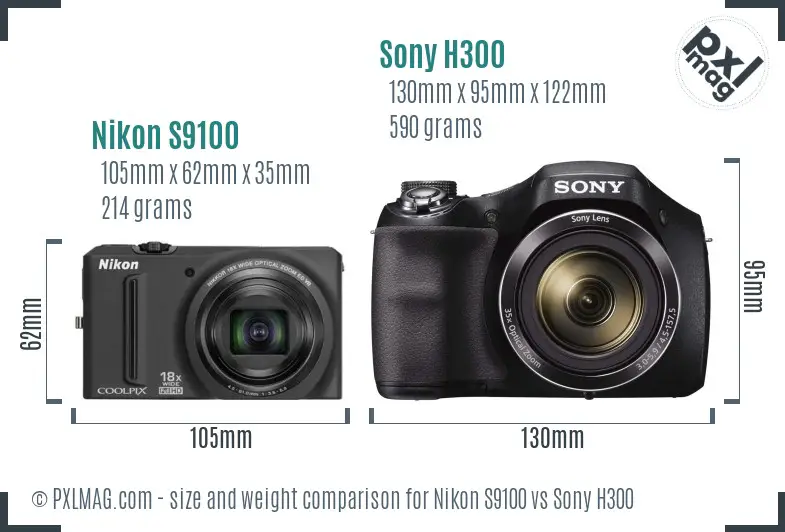 Nikon S9100 vs Sony H300 size comparison