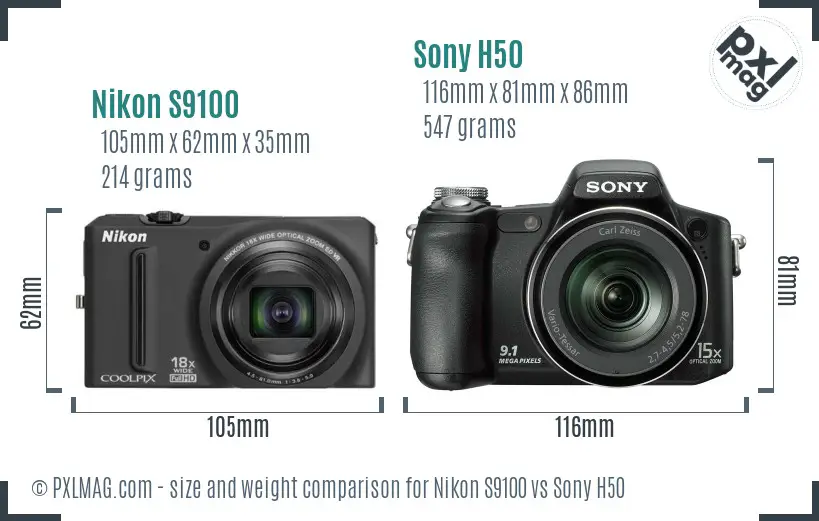 Nikon S9100 vs Sony H50 size comparison