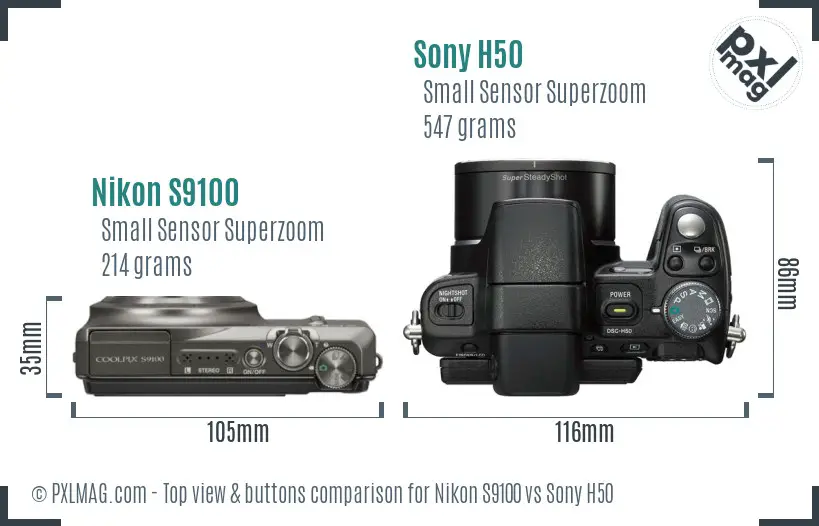 Nikon S9100 vs Sony H50 top view buttons comparison
