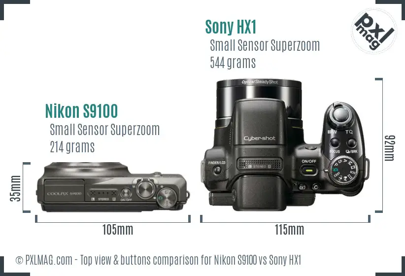 Nikon S9100 vs Sony HX1 top view buttons comparison