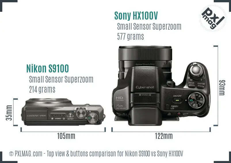Nikon S9100 vs Sony HX100V top view buttons comparison Nikon S9100 vs Sony HX100V top view buttons comparison