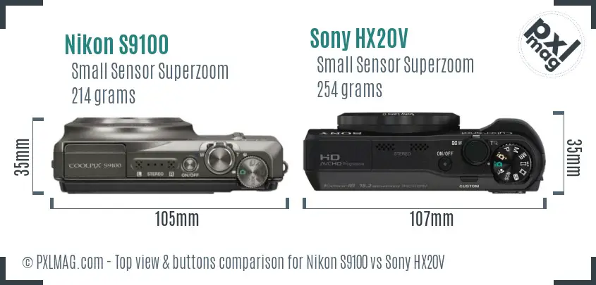 Nikon S9100 vs Sony HX20V top view buttons comparison Nikon S9100 vs Sony HX20V top view buttons comparison