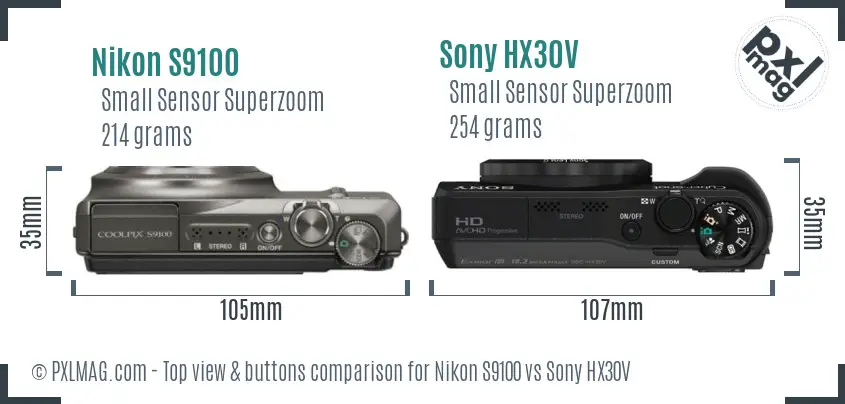 Nikon S9100 vs Sony HX30V top view buttons comparison Nikon S9100 vs Sony HX30V top view buttons comparison