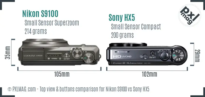 Nikon S9100 vs Sony HX5 top view buttons comparison