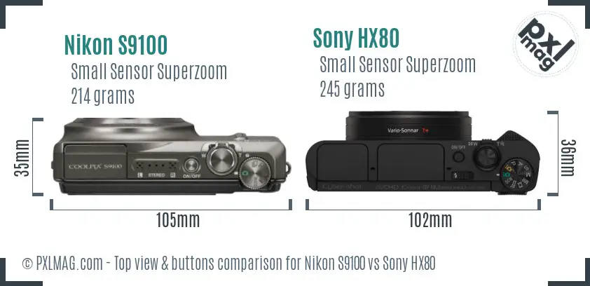 Nikon S9100 vs Sony HX80 top view buttons comparison Nikon S9100 vs Sony HX80 top view buttons comparison