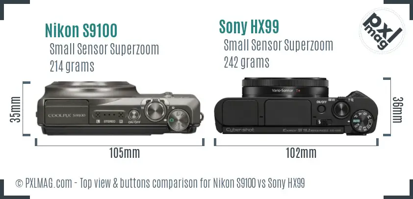 Nikon S9100 vs Sony HX99 top view buttons comparison