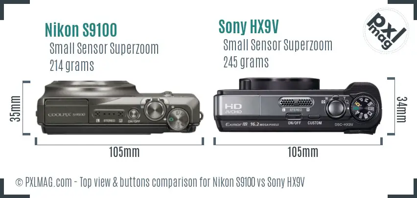 Nikon S9100 vs Sony HX9V top view buttons comparison Nikon S9100 vs Sony HX9V top view buttons comparison
