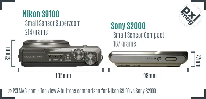 Nikon S9100 vs Sony S2000 top view buttons comparison Nikon S9100 vs Sony S2000 top view buttons comparison