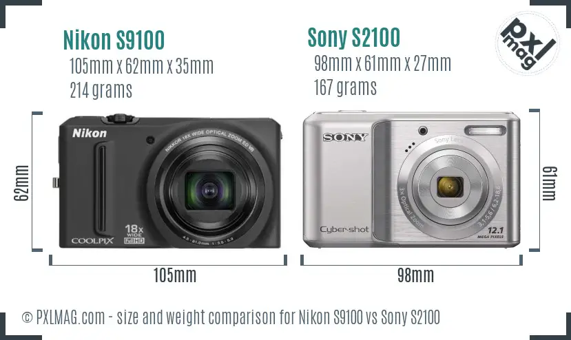 Nikon S9100 vs Sony S2100 size comparison