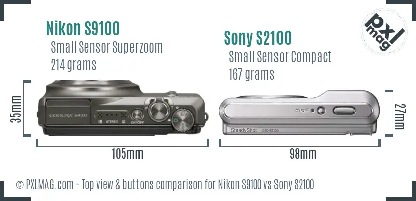 Nikon S9100 vs Sony S2100 top view buttons comparison
