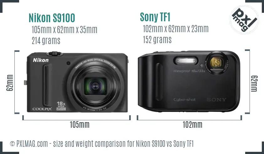 Nikon S9100 vs Sony TF1 size comparison