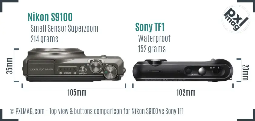 Nikon S9100 vs Sony TF1 top view buttons comparison