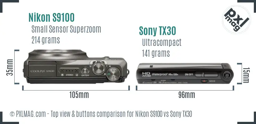 Nikon S9100 vs Sony TX30 top view buttons comparison
