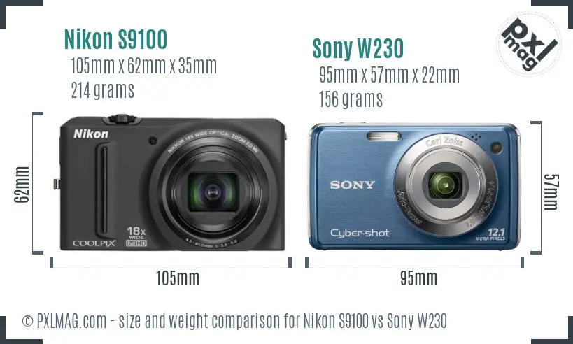 Nikon S9100 vs Sony W230 size comparison