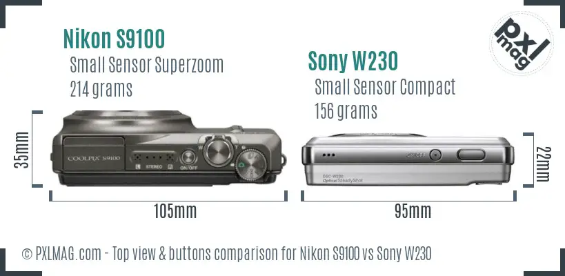 Nikon S9100 vs Sony W230 top view buttons comparison
