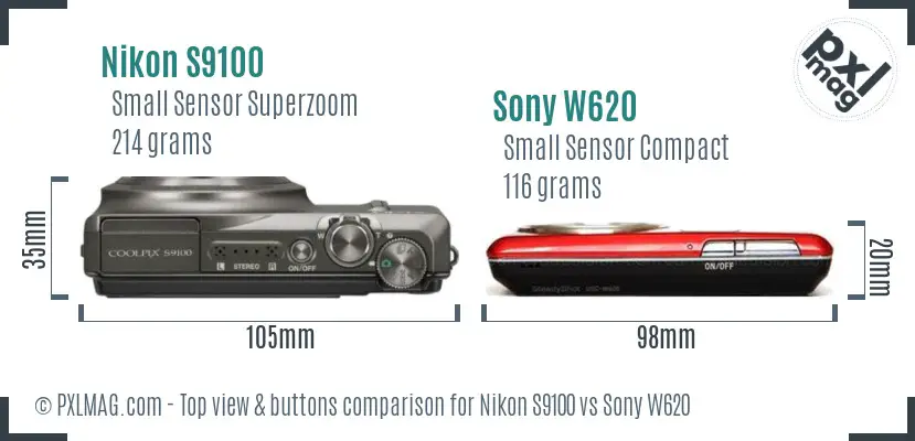 Nikon S9100 vs Sony W620 top view buttons comparison Nikon S9100 vs Sony W620 top view buttons comparison