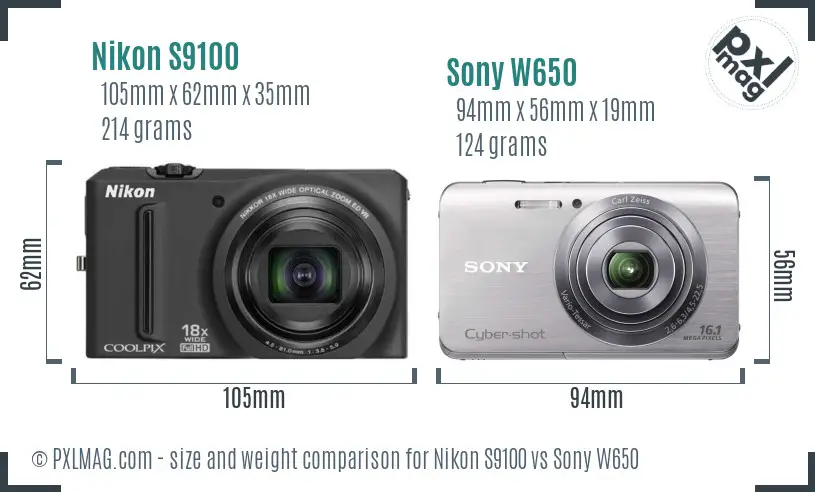 Nikon S9100 vs Sony W650 size comparison
