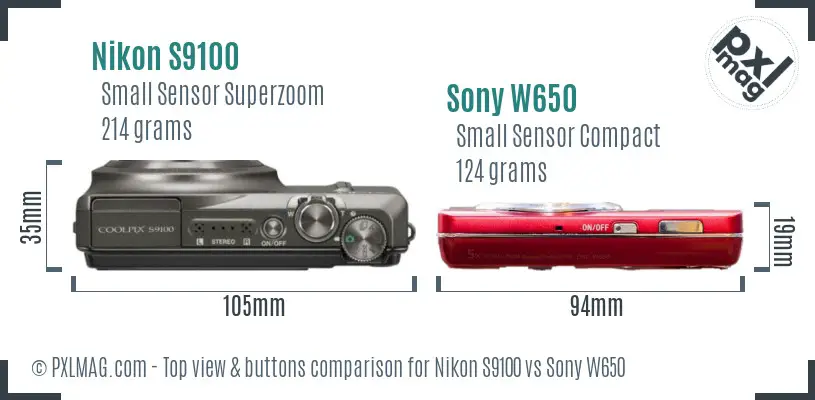 Nikon S9100 vs Sony W650 top view buttons comparison