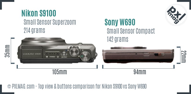 Nikon S9100 vs Sony W690 top view buttons comparison