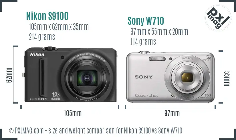 Nikon S9100 vs Sony W710 size comparison
