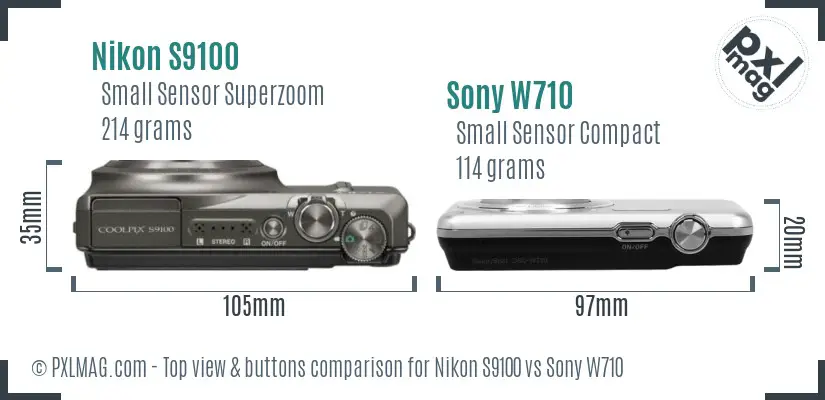 Nikon S9100 vs Sony W710 top view buttons comparison